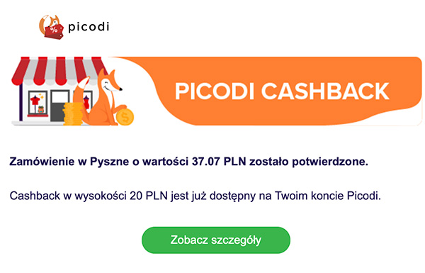Wiadomość od przyznaniu cashbacku 20 zł za zamówienie na Pyszne.pl